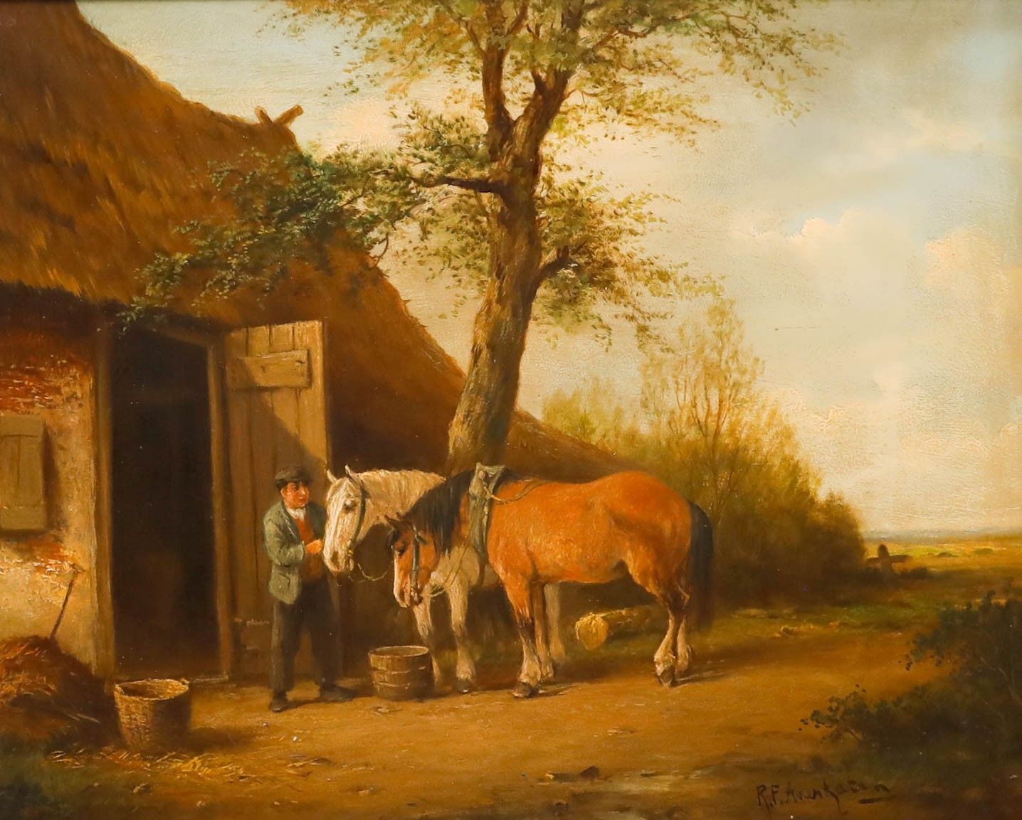 German School Framed Early 20th Century Oil A Farmer Feeding Horses photo furniture