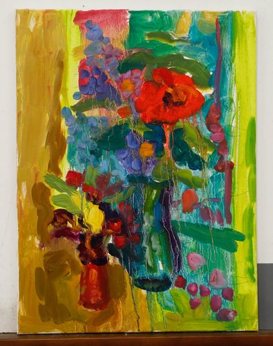 Annelise Firth (B.1961) Contemporary Oil, The Little Red And Blue Vase photo furniture