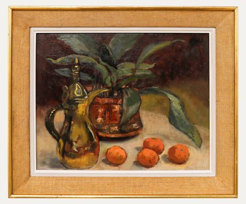 Burbidge 20th Century Oil, Still Life With Potted Plant And Apricots