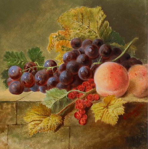 E. Stanfield Framed Late 19th Century Oil, Still Life Of Fruit On A Ledge photo furniture