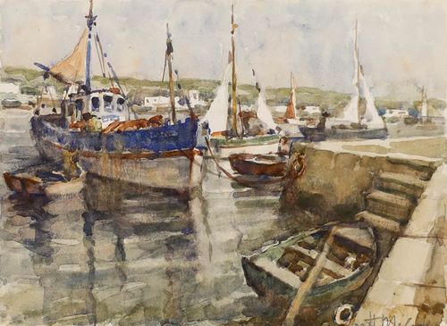 Henri Milock (French 1898 1979) Mid 20th Century Watercolour, Coastal Harbour photo furniture