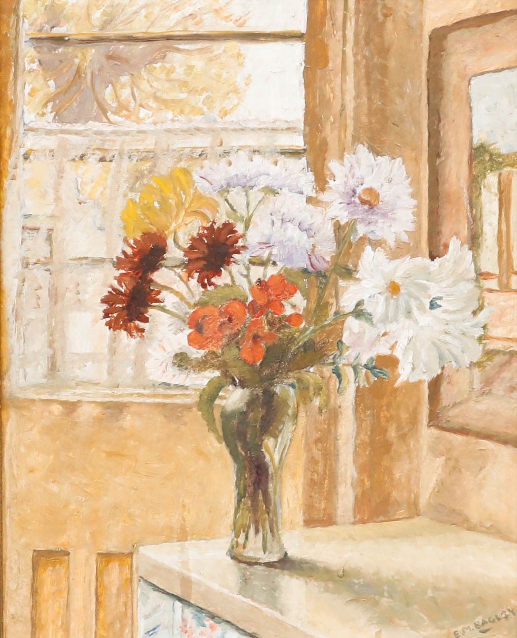 E. M. Bagley Framed 20th Century Oil, Flowers Near A Window photo furniture