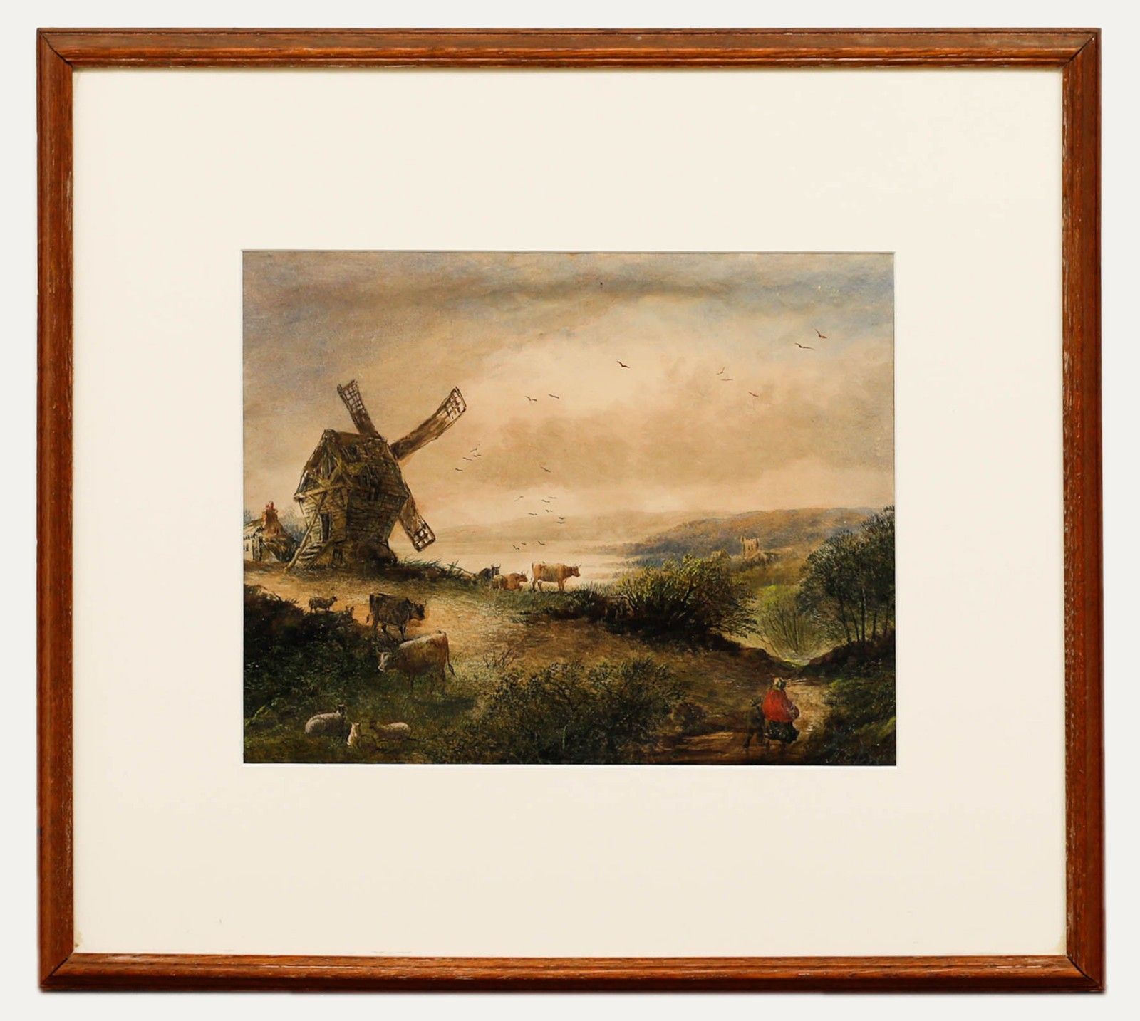 19th Century Watercolour Cattle By The Windmill