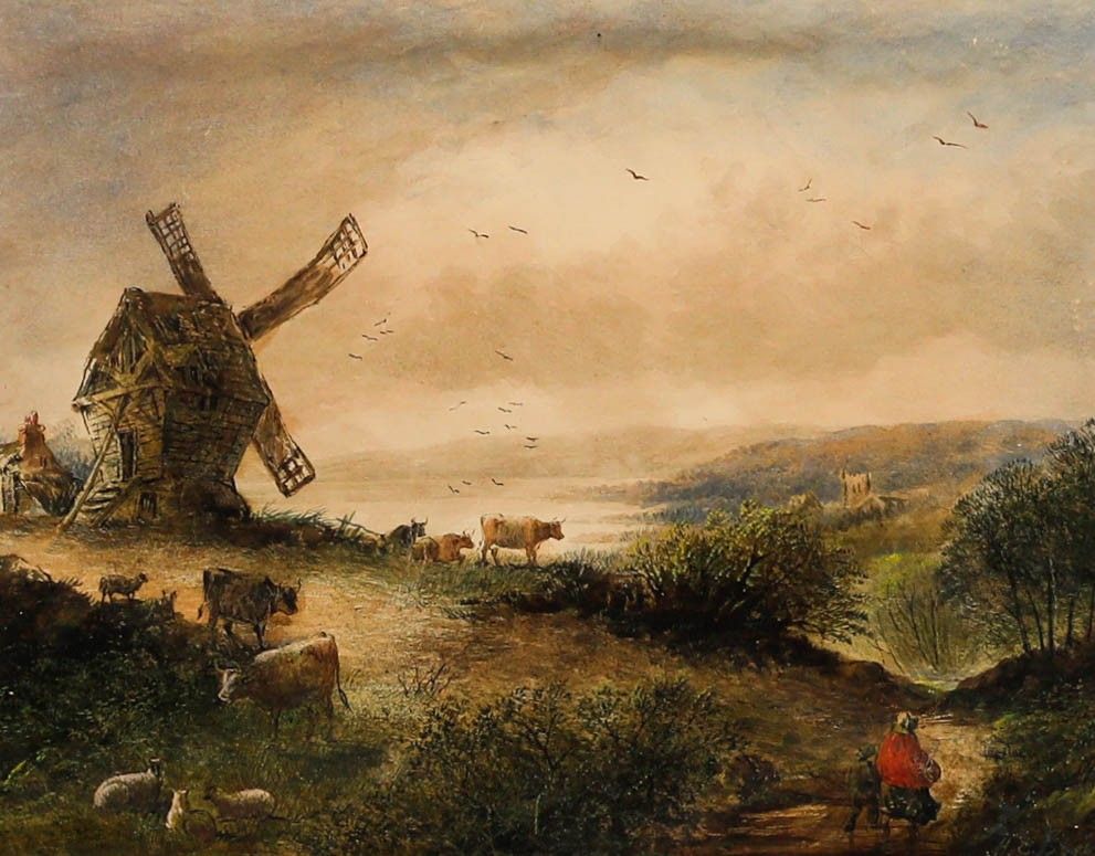 19th Century Watercolour Cattle By The Windmill photo furniture