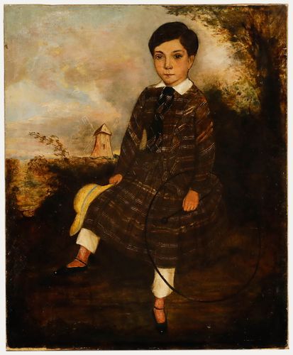 English School Folk Art  Early 19th Century Oil Young Boy In Plaid