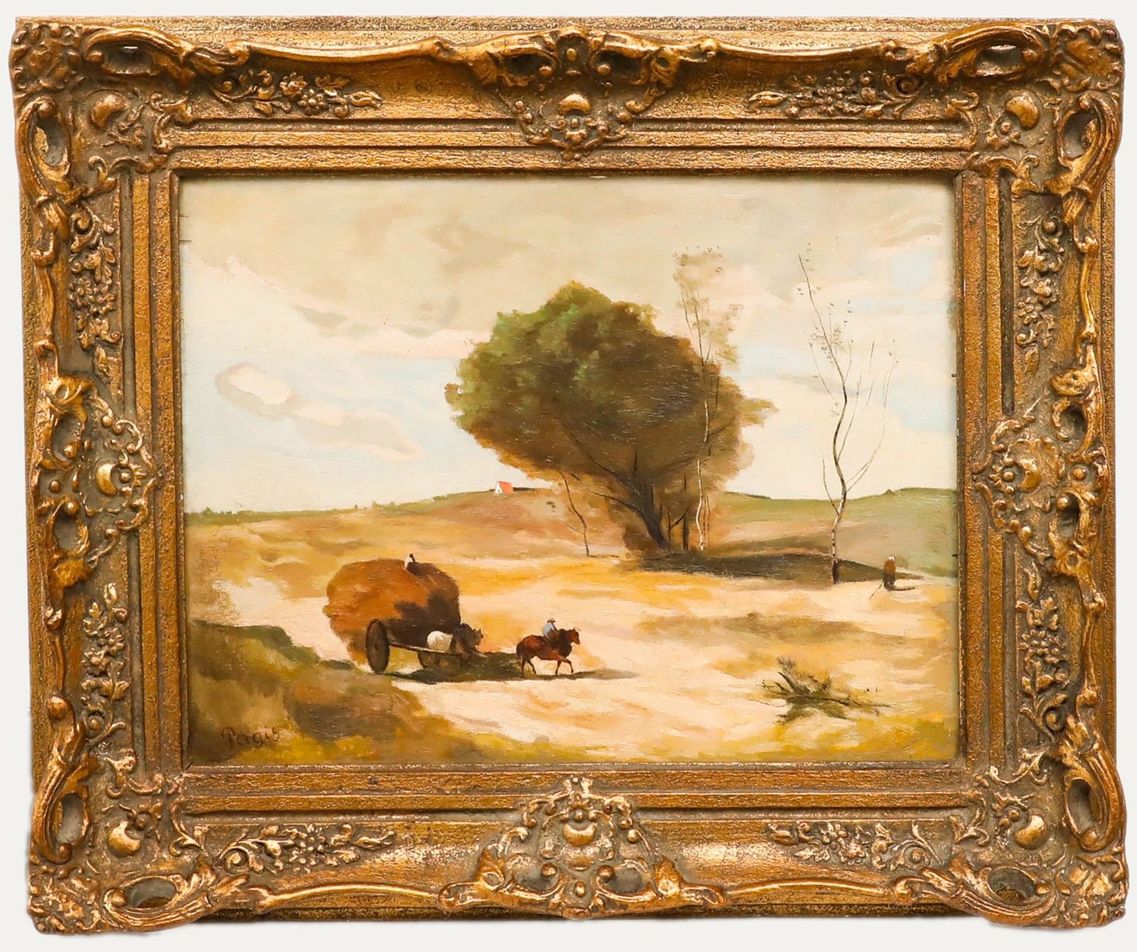 Pagis After Corot Framed Early 20th Century Oil, A Small Wagon In The Dunes