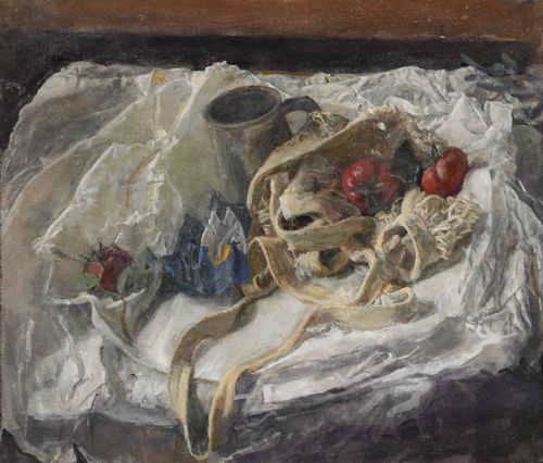 George Weissbort (1928 2013) Oil, Tankard & Tomatoes On White Cloth