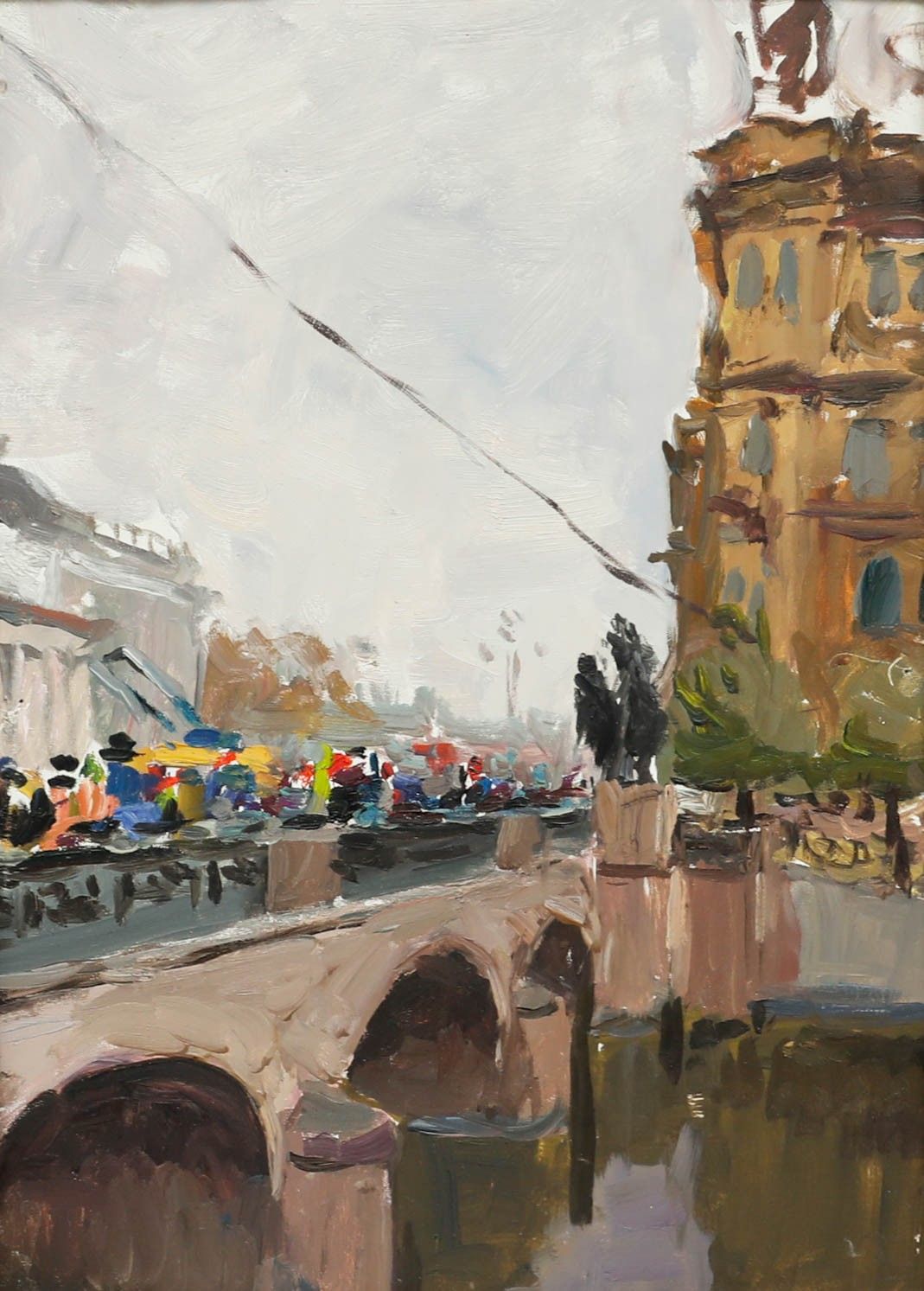 M. Kazehko Framed 20th Century Oil, Crowds On The Town Bridge photo Art