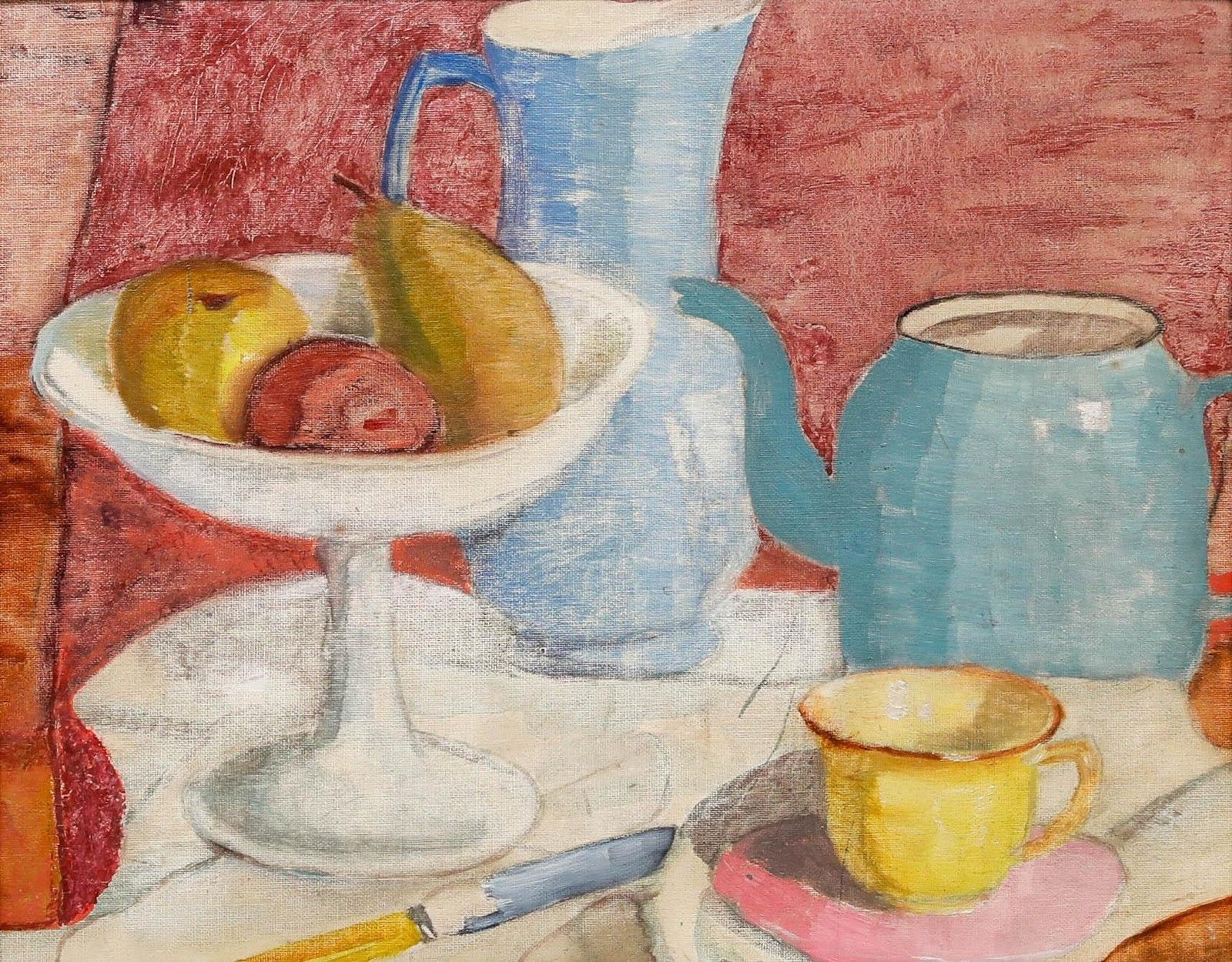 Joan Kisby 20th Century Oil, Fruit Bowl And Blue Tea Pot photo furniture