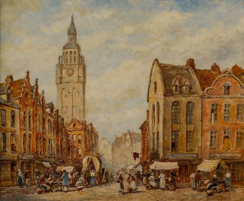 Pierre Le Boeuff (Fl. 1899 1920) Framed Oil, A Busy Street In Ghent photo furniture