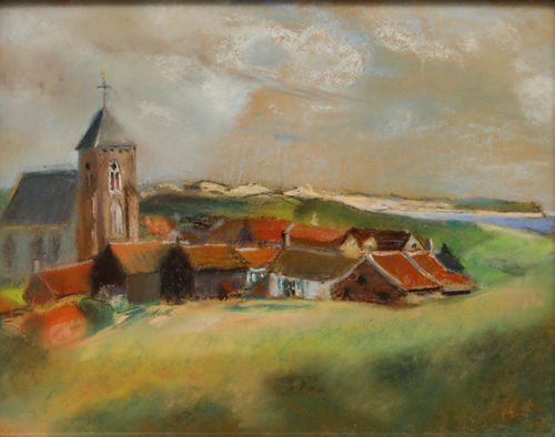 Cecile Hertz Eyrolles (1875 1974) Framed Pastel, A Coastal Hamlet photo furniture