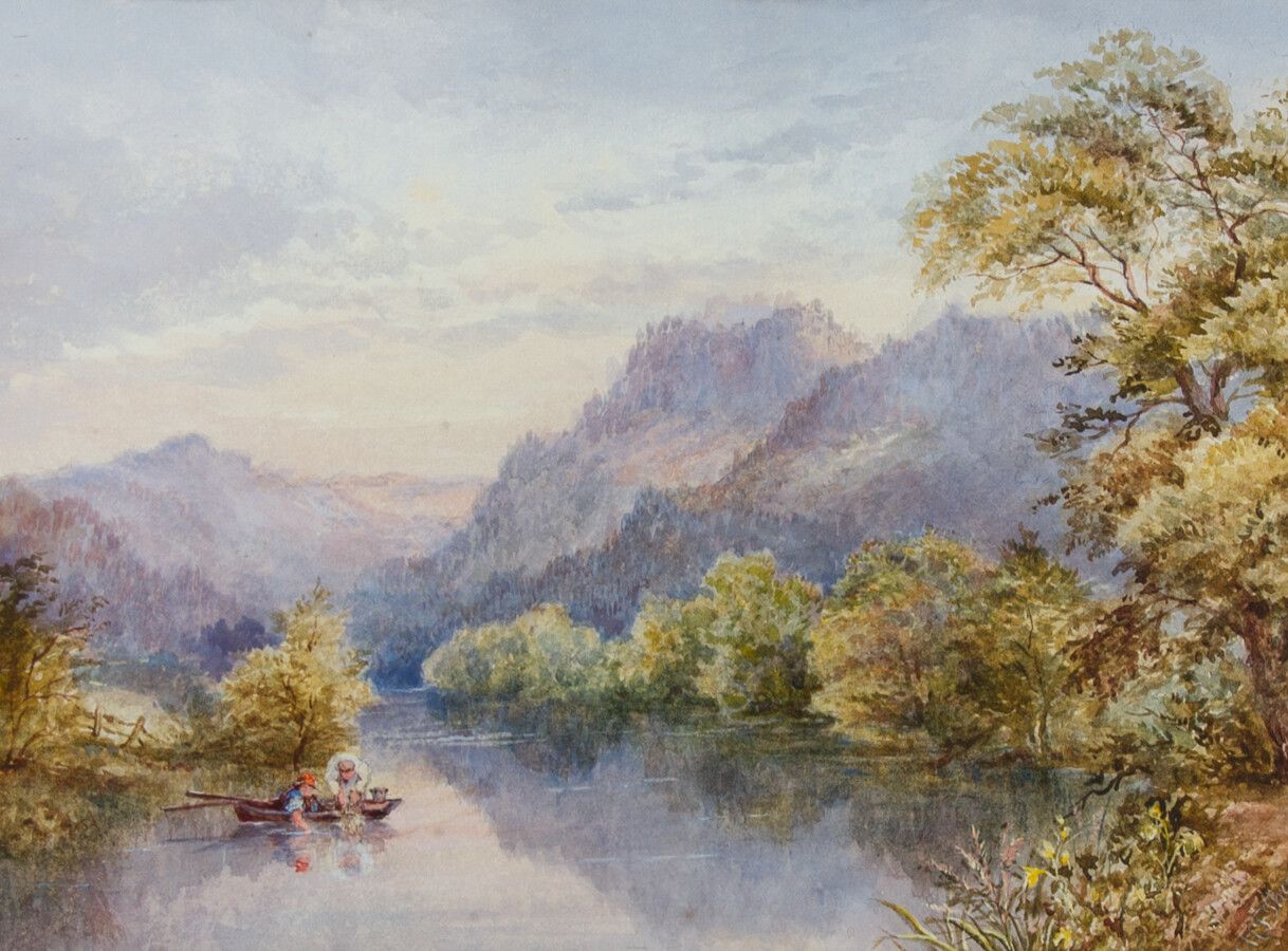 M. F. Thomas Signed & Framed 1908 Watercolour, Fishing In The River photo furniture