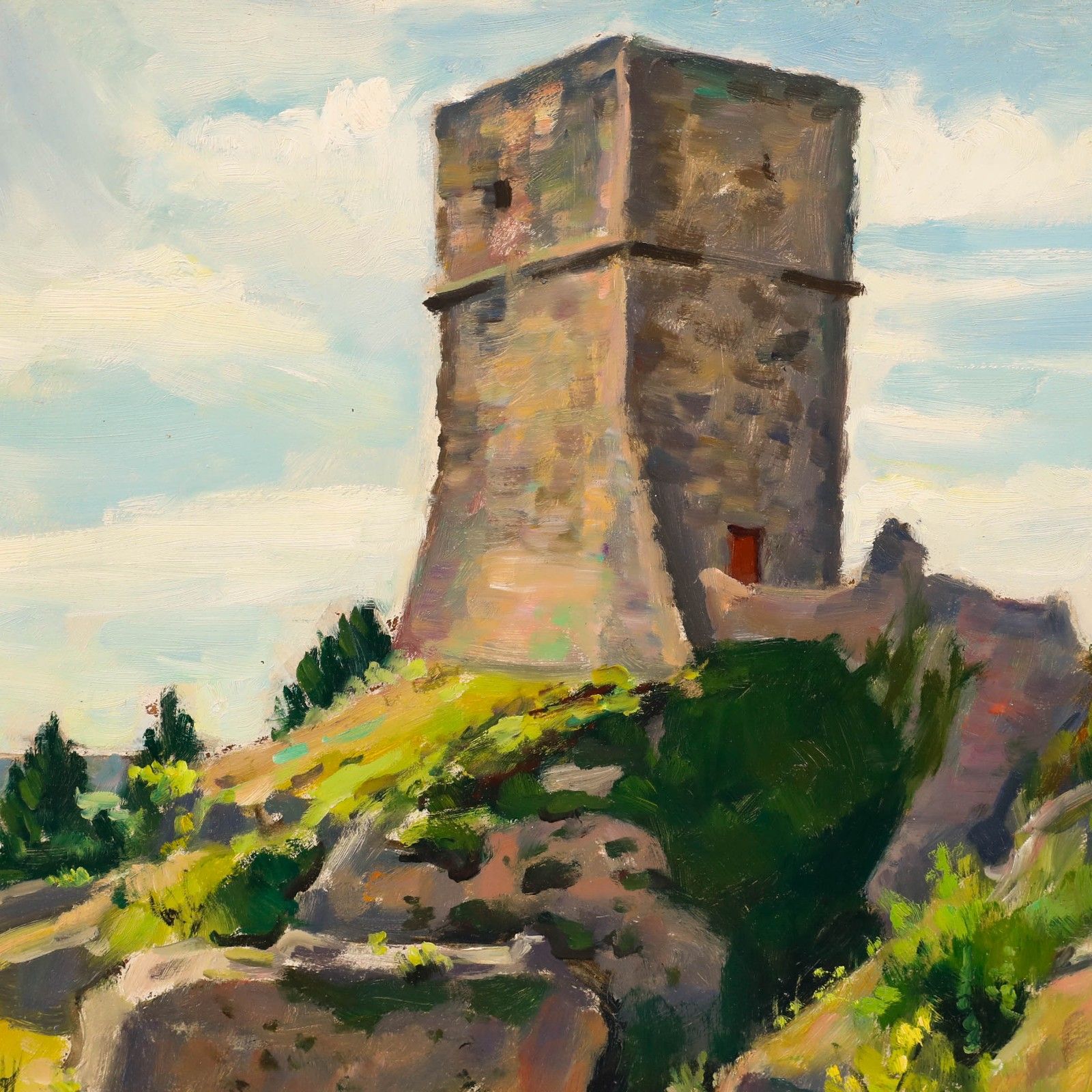 Georges Pacouil (1903 1996) Mid 20th Century Oil, The Watchtower, Le Cayler photo Art
