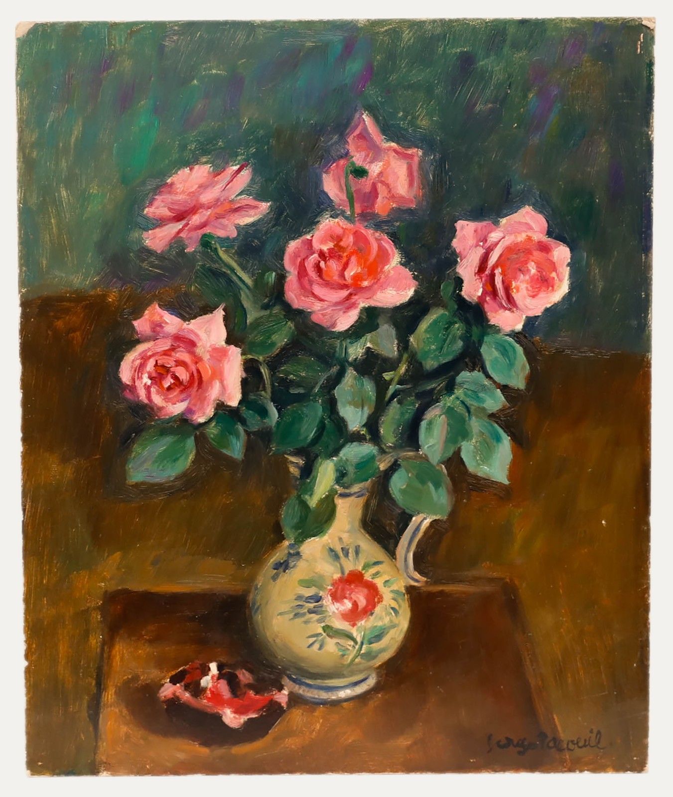 Georges Pacouil (1903 1996) Mid 20th Century Oil, Still Life Of Pink Roses photo furniture
