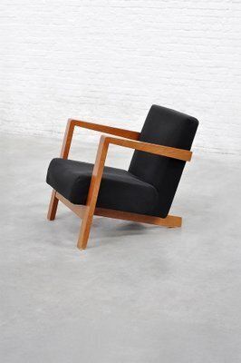 Dutch Modernist Low Profile Armchair In Black Upholstery, 1950s