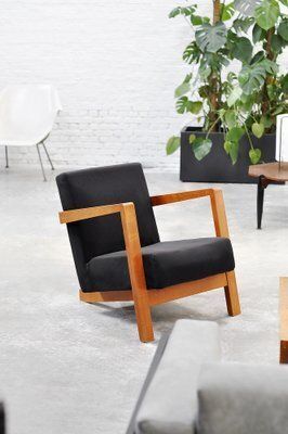 Dutch Modernist Low Profile Armchair In Black Upholstery, 1950s photo Furniture