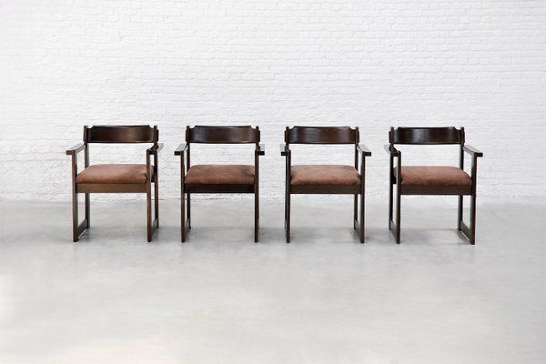Italian Architectural Dining Chairs In Stained Wood, 1960s, Set Of 4 photo for sale