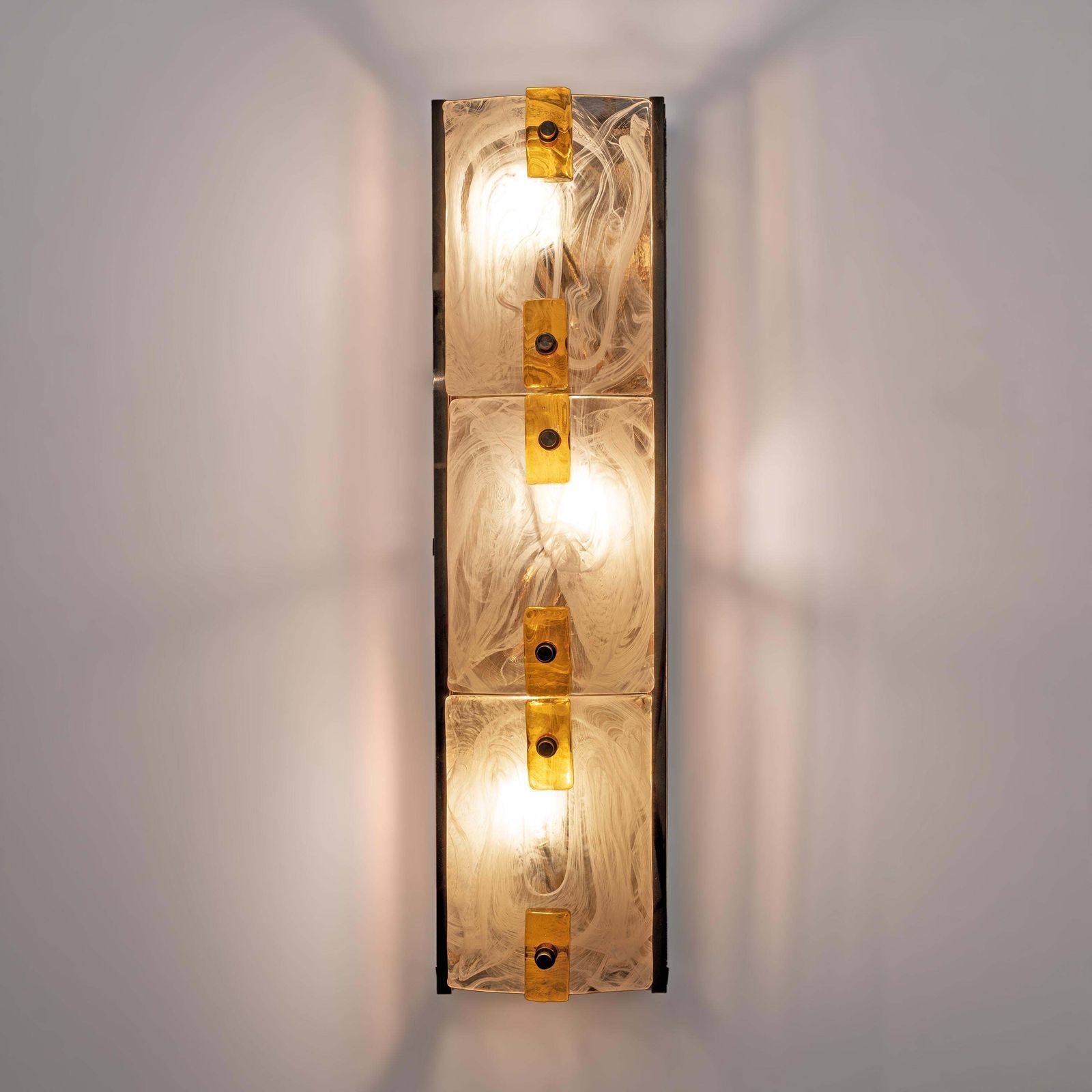 Pair Of Modern Sconces In Brass And Milk White Murano Glass And Amber Glass photo buy