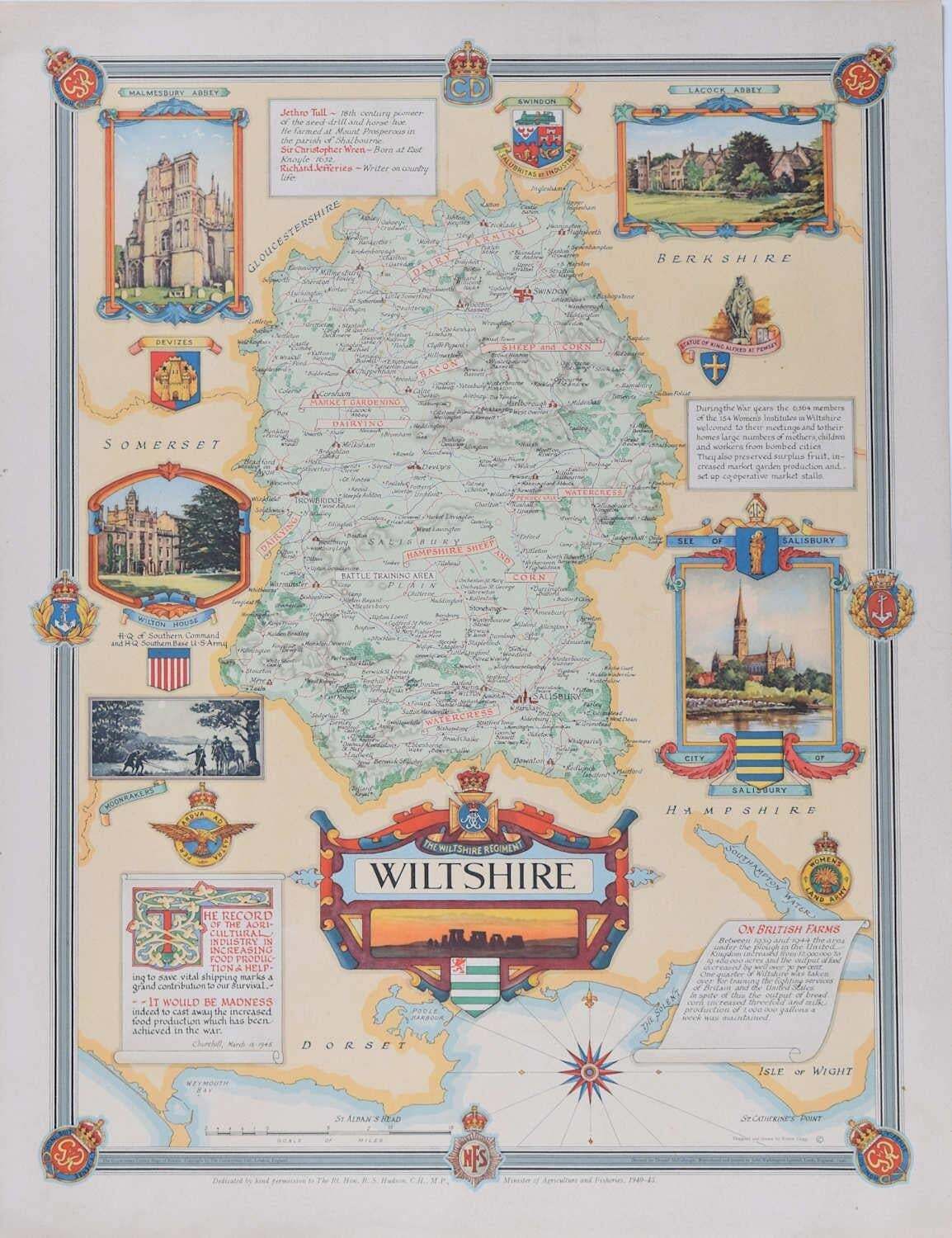 Wiltshire, Original Vintage Map By Donald Mccullough, 1946