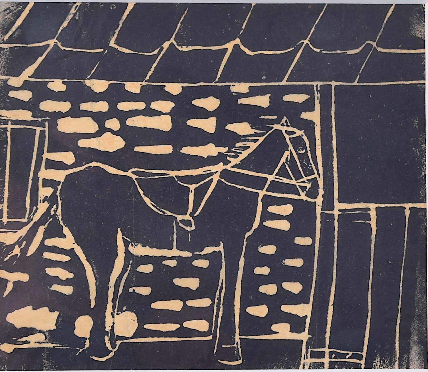 Horse By The Barn, Woodblock Print By Penelope Ellis