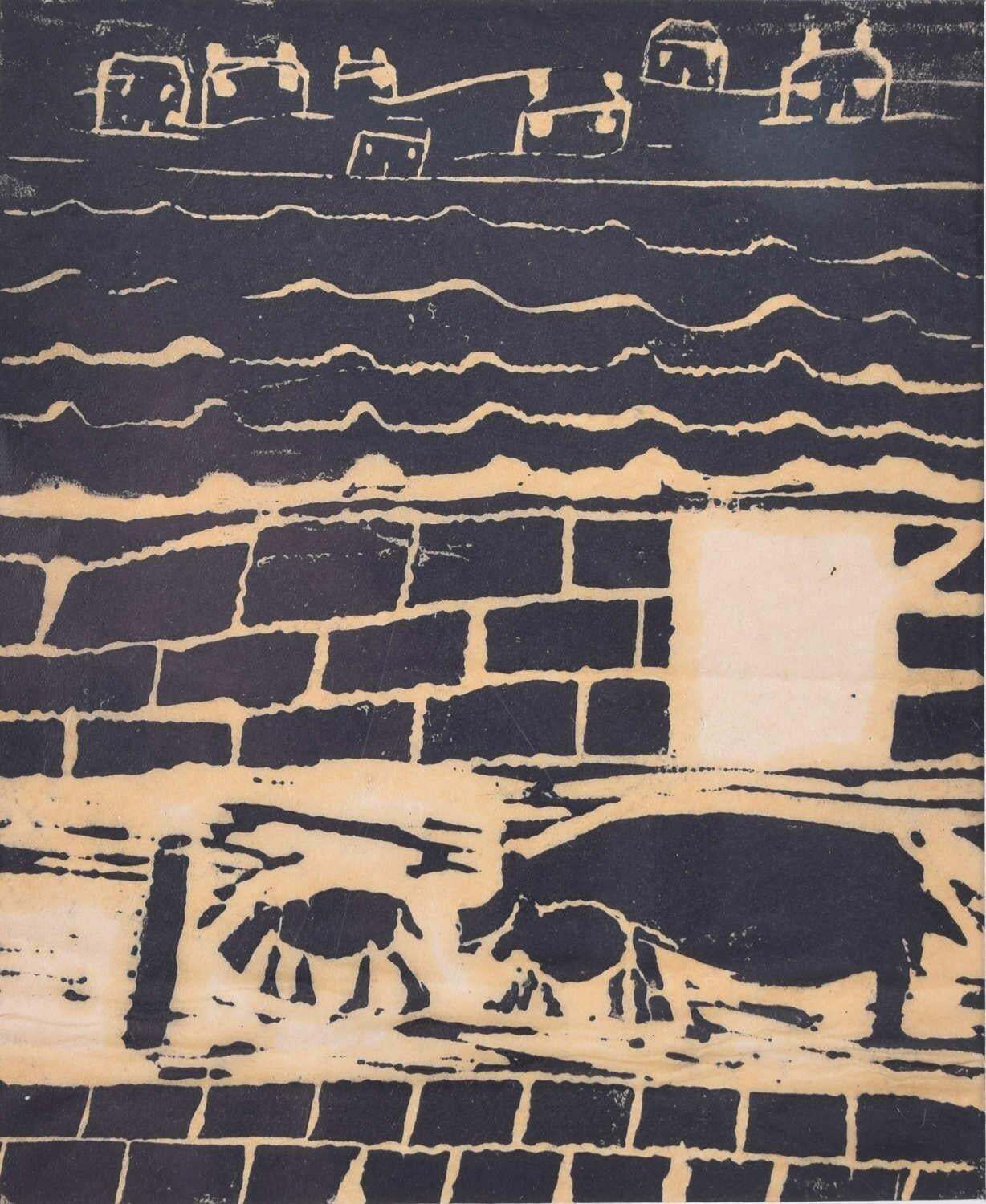 Wallowing In The Mud, Woodblock Print By Penelope Ellis