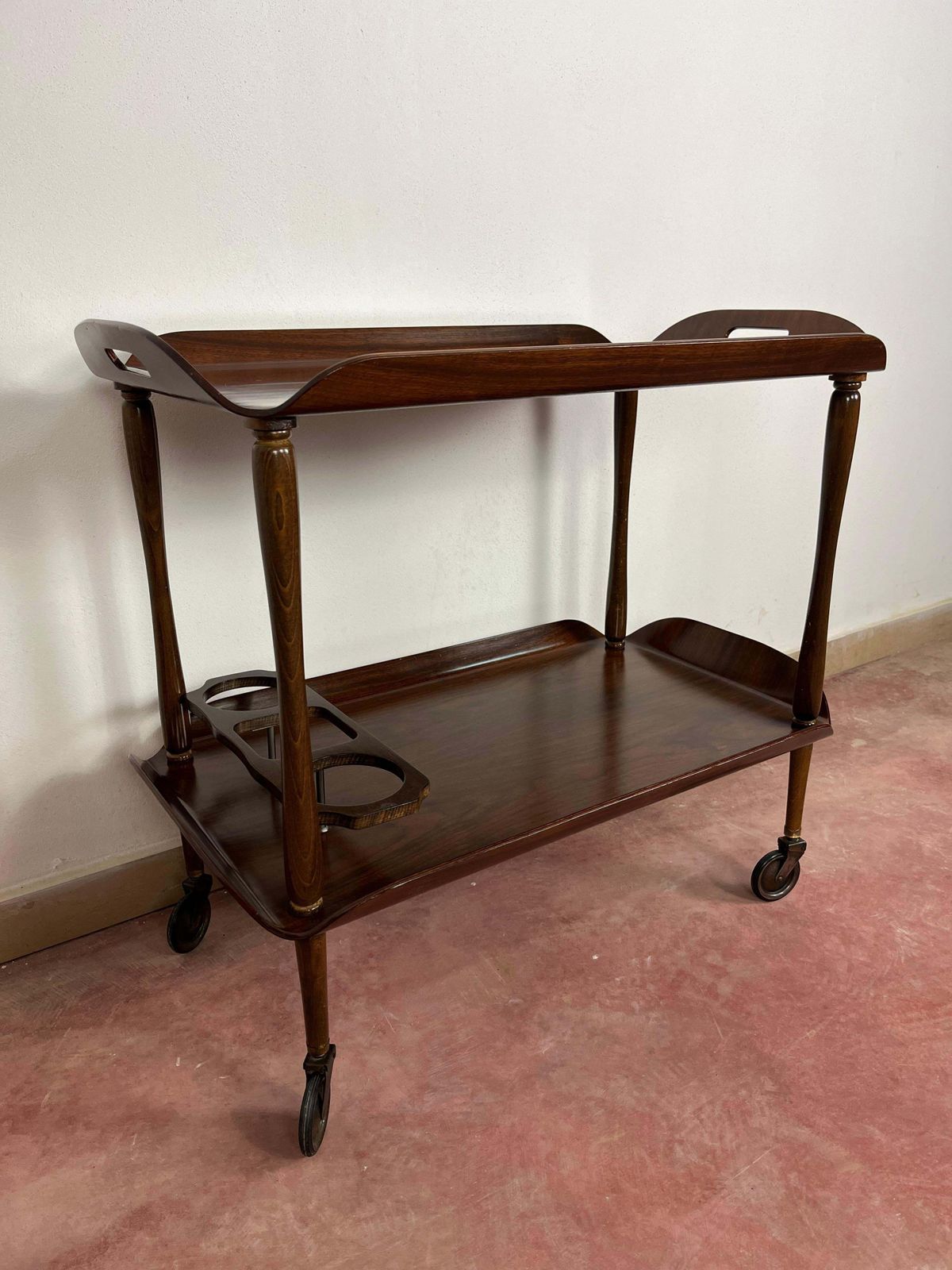 Mid Century Italian Curved Wood Bar Cart, Brass Accessories 1950s photo 1609.0