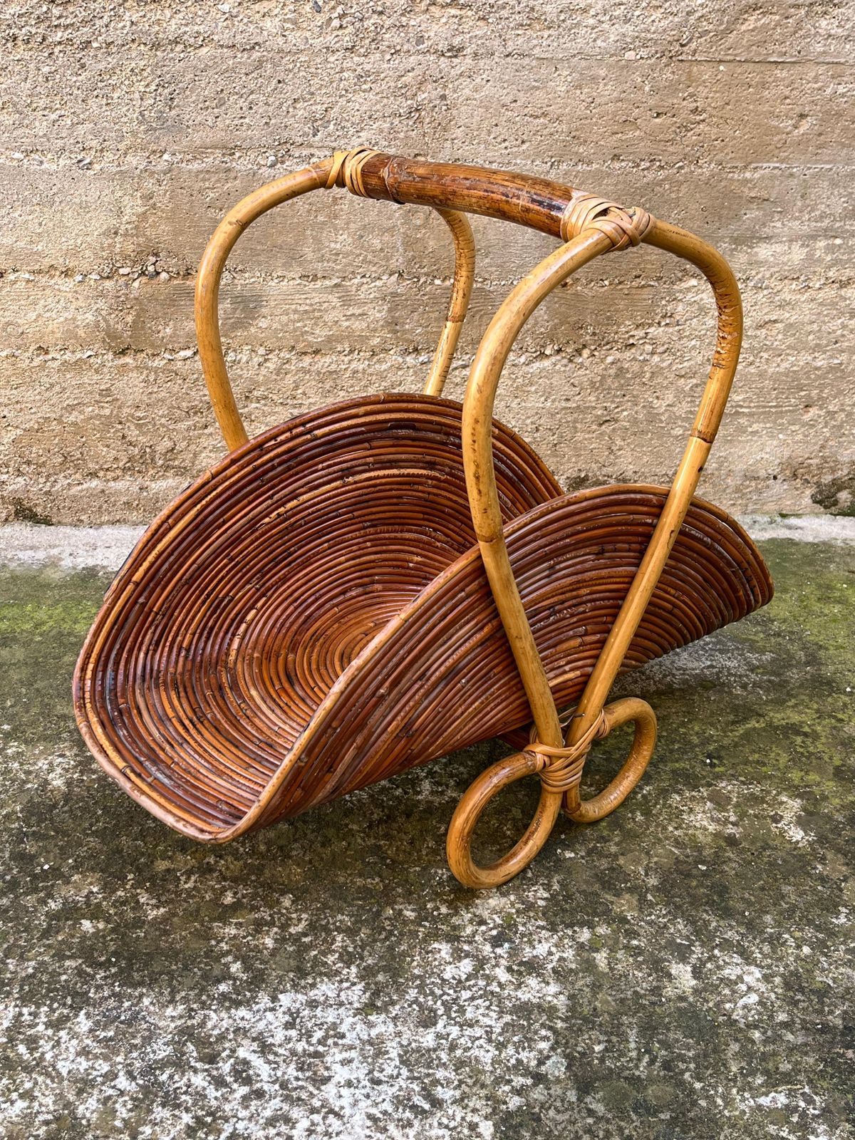 Mid Century Bamboo Rattan Magazine Rack In The Style Of Vivai Del Sud 1950s photo for sale