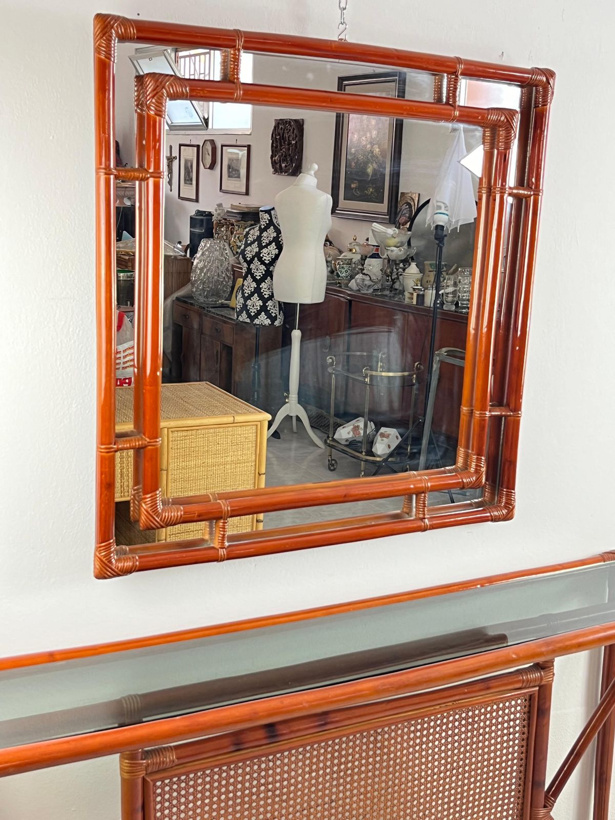 Set Of 2 Bamboo And Rattan Console And Mirror Attributed To Franco Albini 1960s photo for sale
