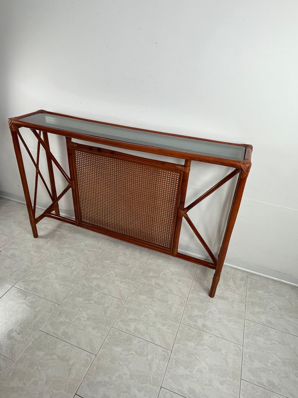 Set Of 2 Bamboo And Rattan Console And Mirror Attributed To Franco Albini 1960s photo vintage