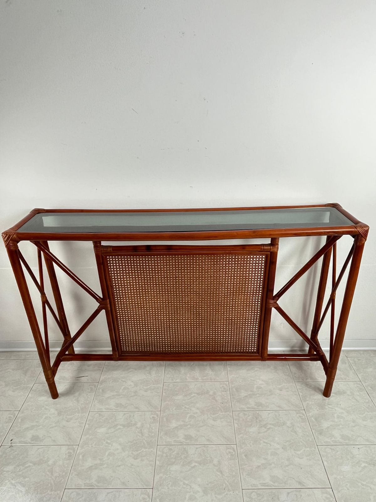Furniture Set Of 2 Bamboo And Rattan Console And Mirror Attributed To Franco Albini 1960s photo