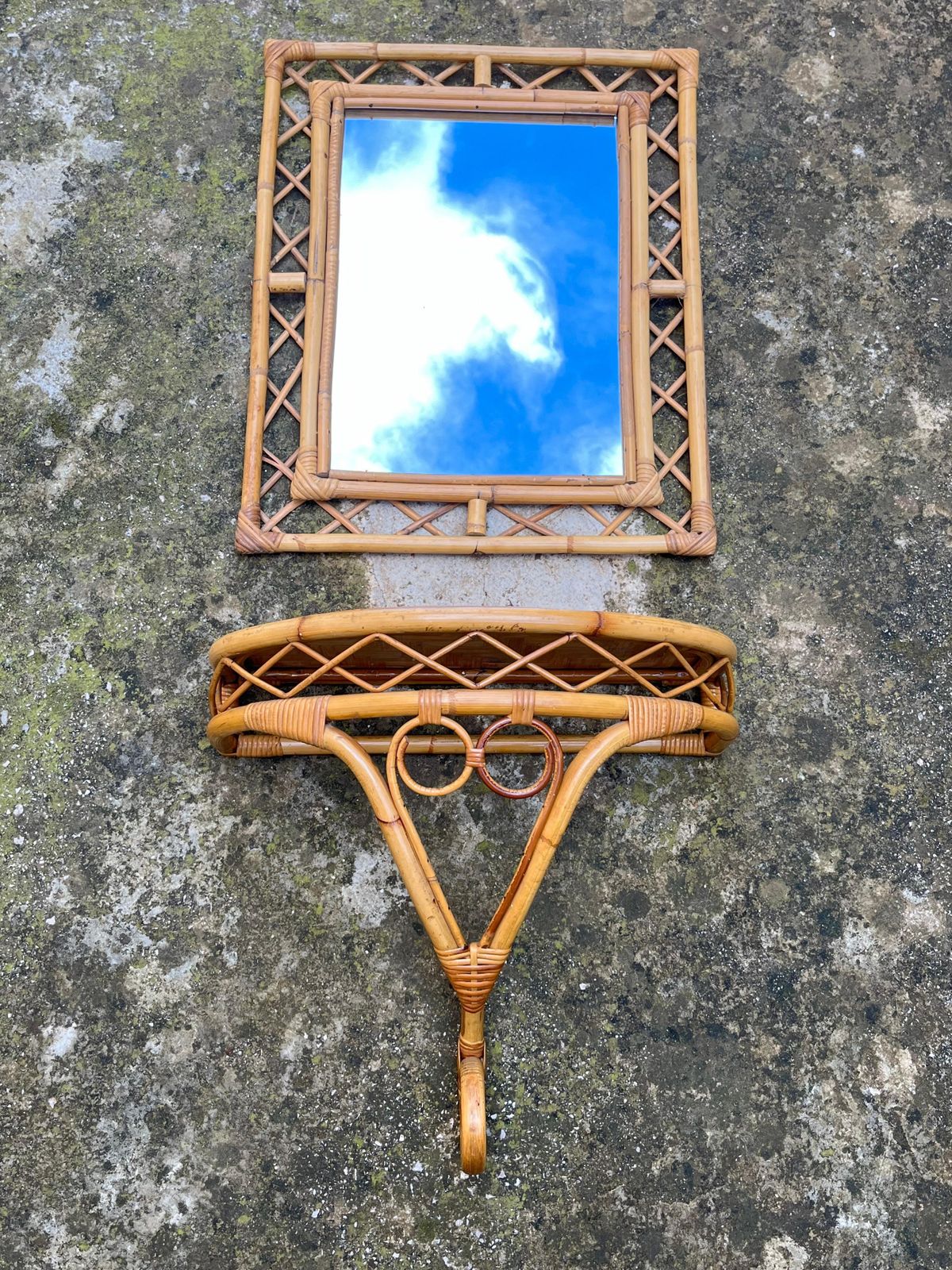 Set Of 2 Tito Agnoli Mid Century Bamboo Mirror And Console 1960s photo Home Decor