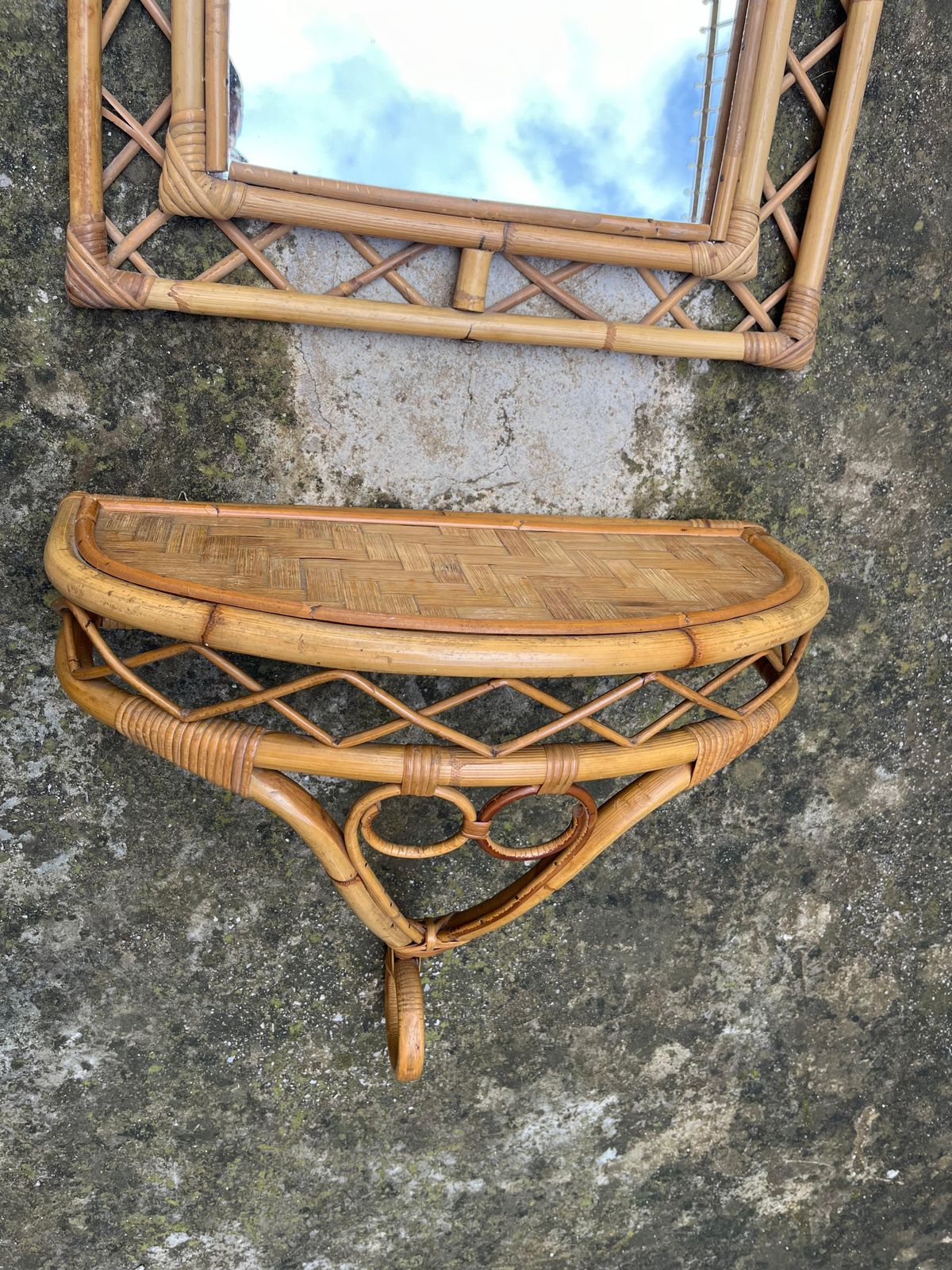 Set Of 2 Tito Agnoli Mid Century Bamboo Mirror And Console 1960s photo buy