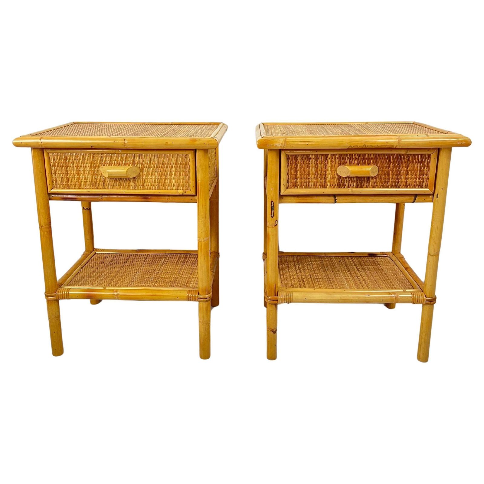 Set Of 2 Mid Century French Riviera Wicker And Rattan Bedside Tables 1960s