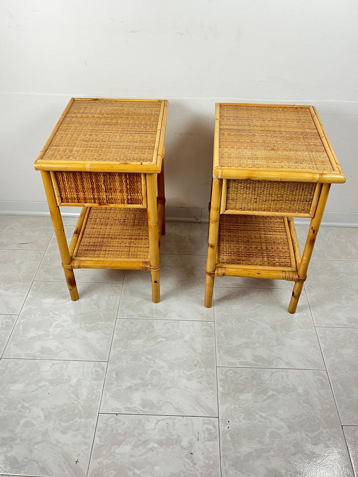 Set Of 2 Mid Century French Riviera Wicker And Rattan Bedside Tables 1960s photo for sale