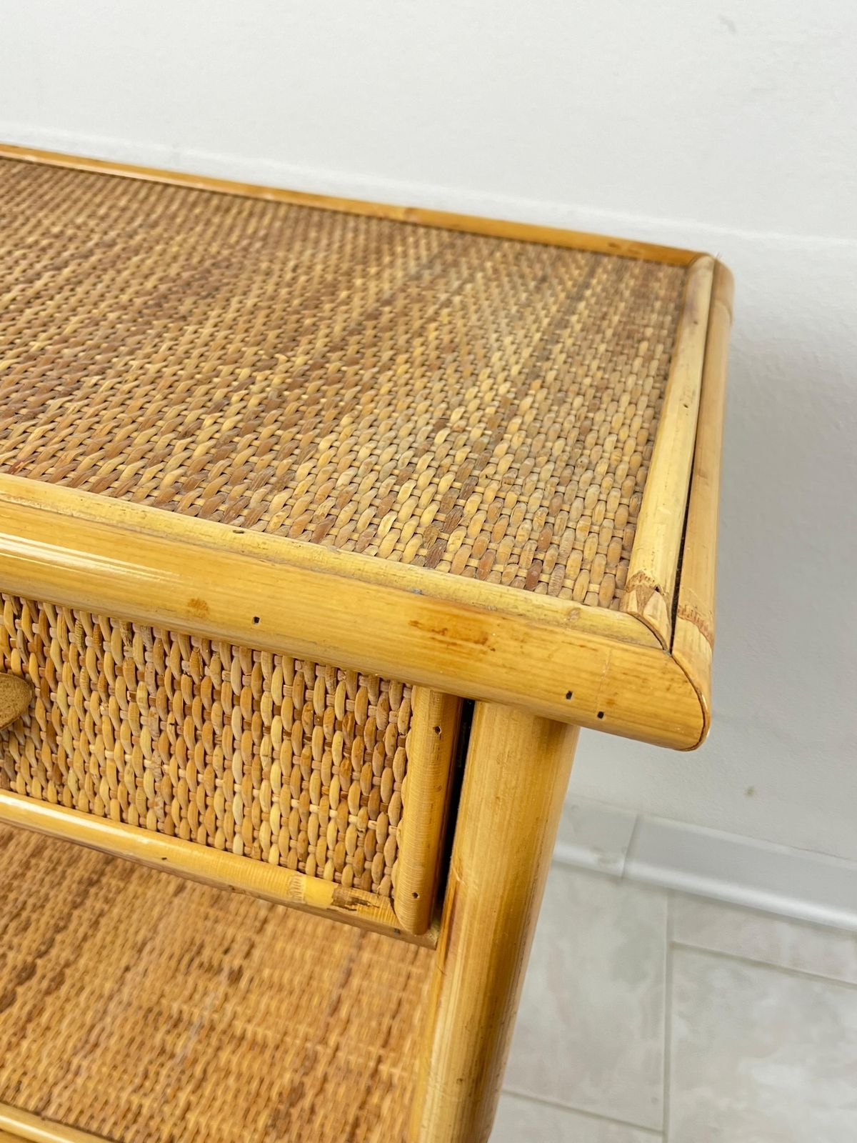 photo furniture Set Of 2 Mid Century French Riviera Wicker And Rattan Bedside Tables 1960s