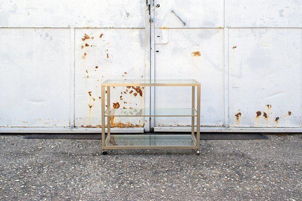 Consoletafel Van Messing En Glas Met Wielen, Jaren 1970