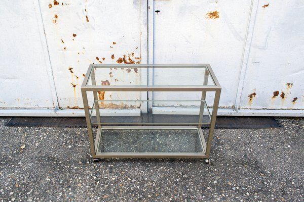Consoletafel Van Messing En Glas Met Wielen, Jaren 1970 photo for sale