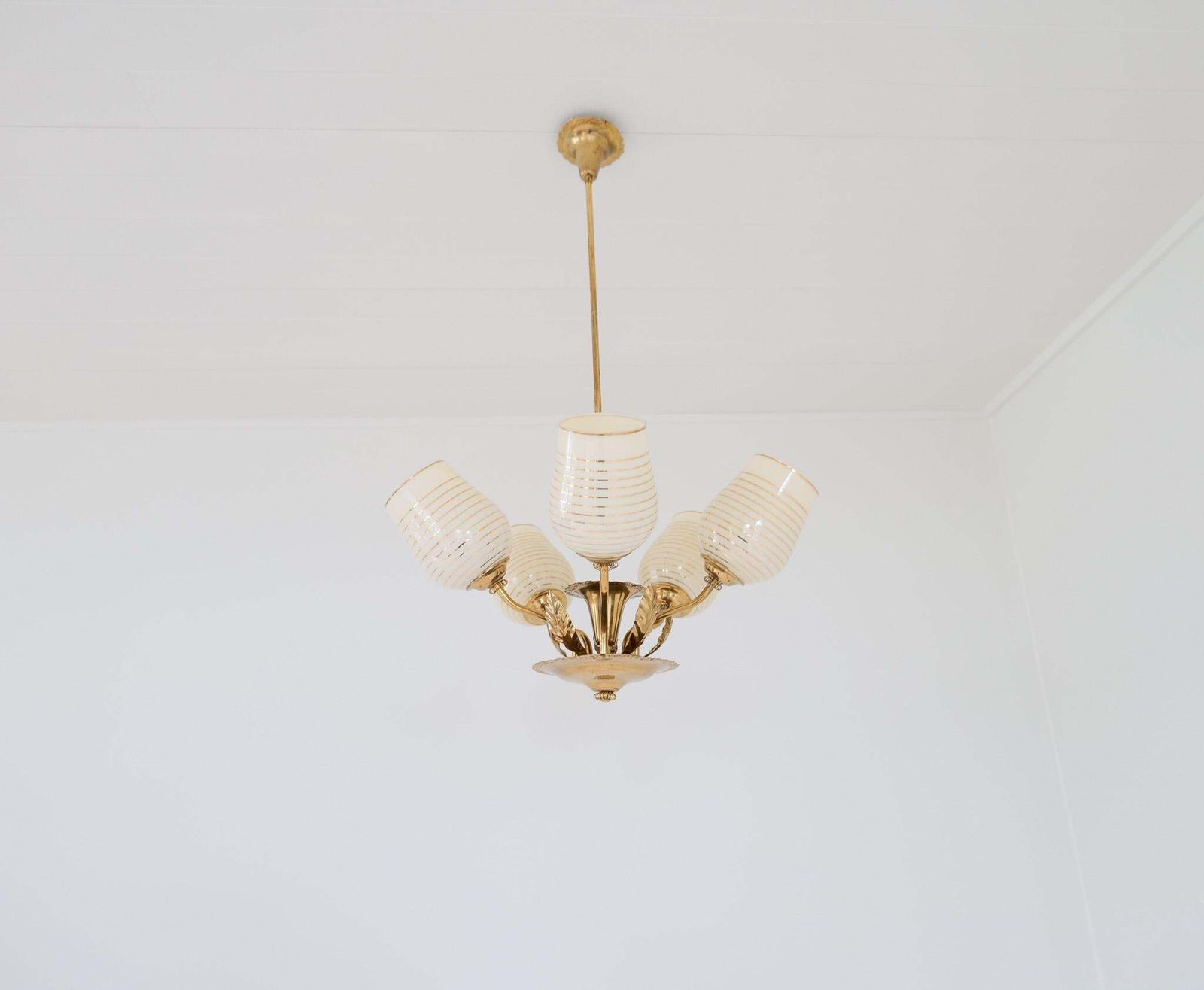 Mid Century Chandelier Lamp In Brass And Glass By Sario, Finland, 1950s photo for sale