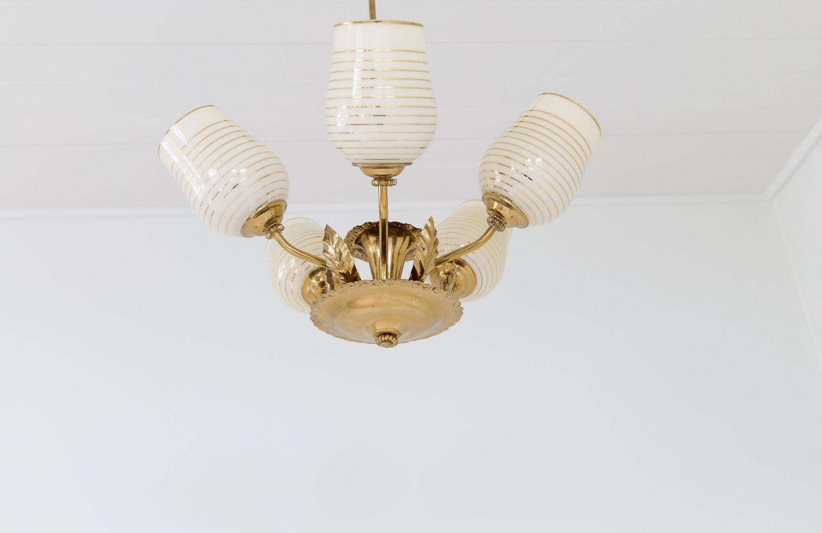 Mid Century Chandelier Lamp In Brass And Glass By Sario, Finland, 1950s photo vinterior