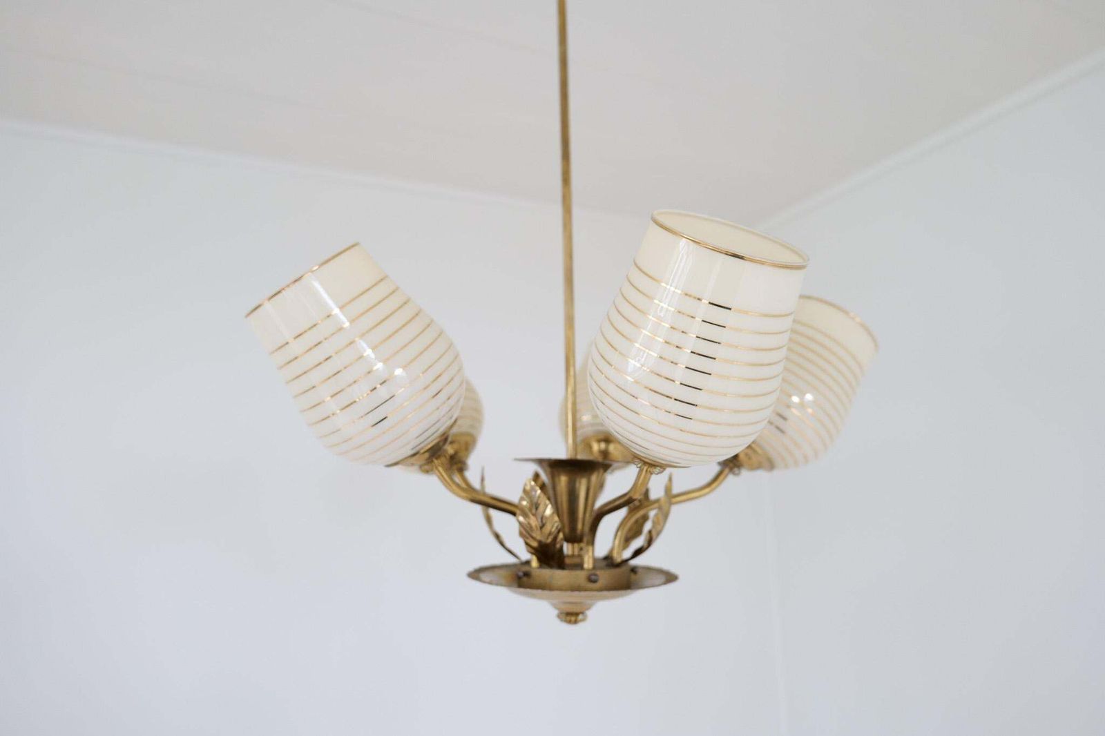 Lighting Mid Century Chandelier Lamp In Brass And Glass By Sario, Finland, 1950s photo