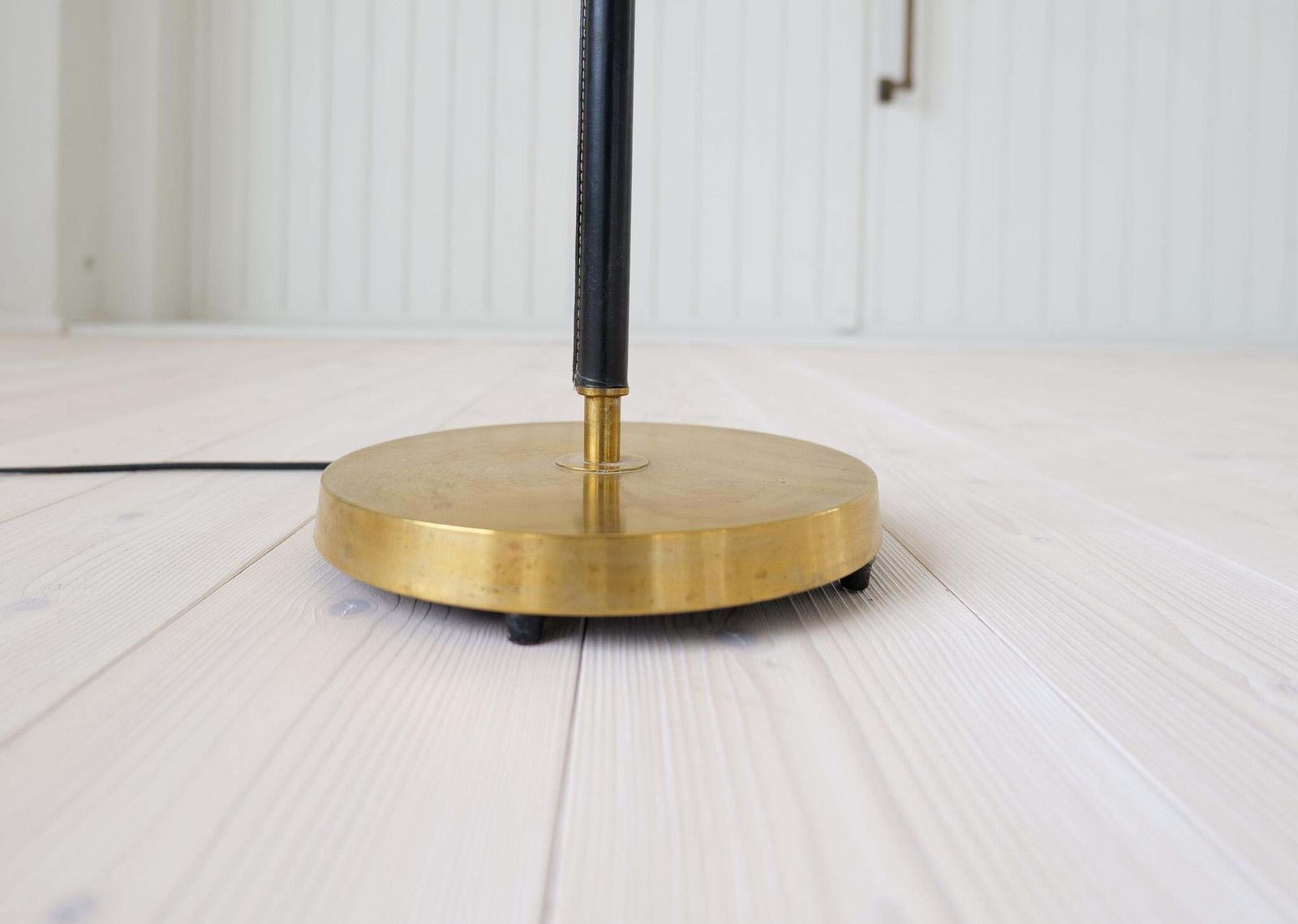 Lighting Mid Century Brass Black Leather Floor Lamp Falkenbergs Belysning, Sweden, 1960s photo