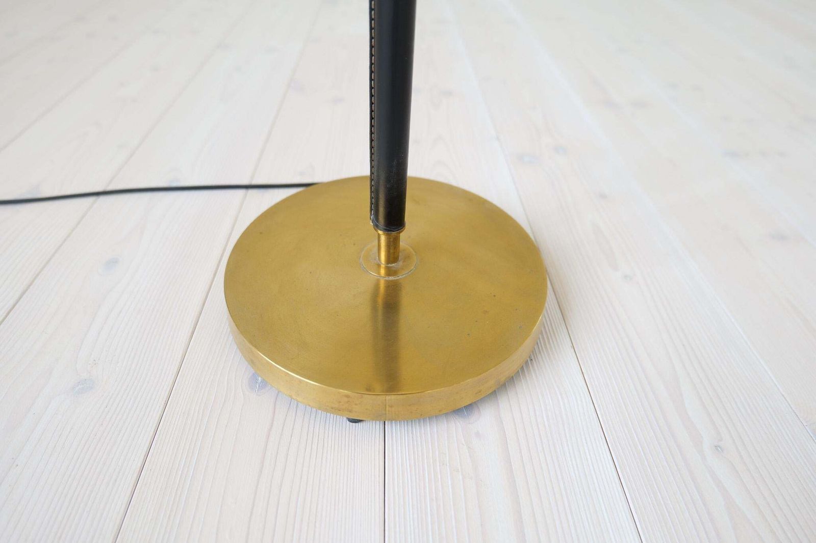 2139.0 Mid Century Brass Black Leather Floor Lamp Falkenbergs Belysning, Sweden, 1960s photo