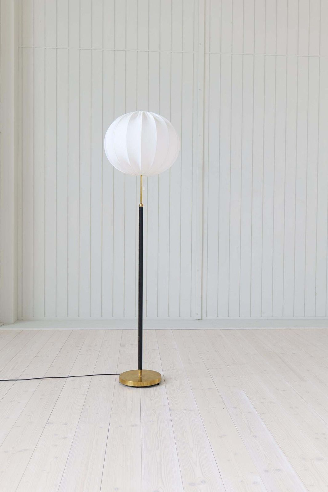 photo buy Mid Century Brass Black Leather Floor Lamp Falkenbergs Belysning, Sweden, 1960s