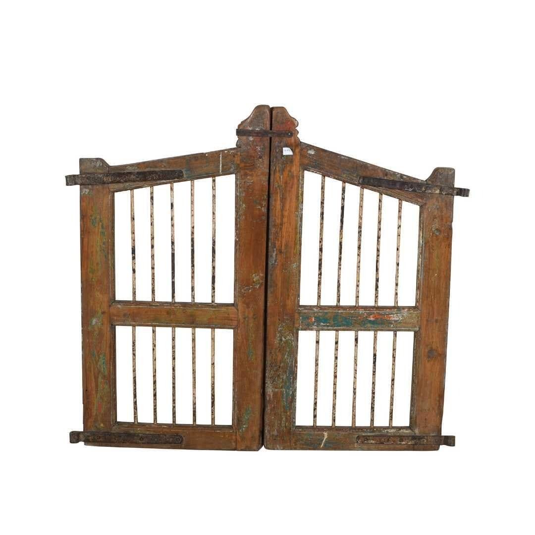 Antique Indian Teak Dog Gates – Ochre, Verdigris & Terracotta, Gujarat C.1880, Garden Entry Pair