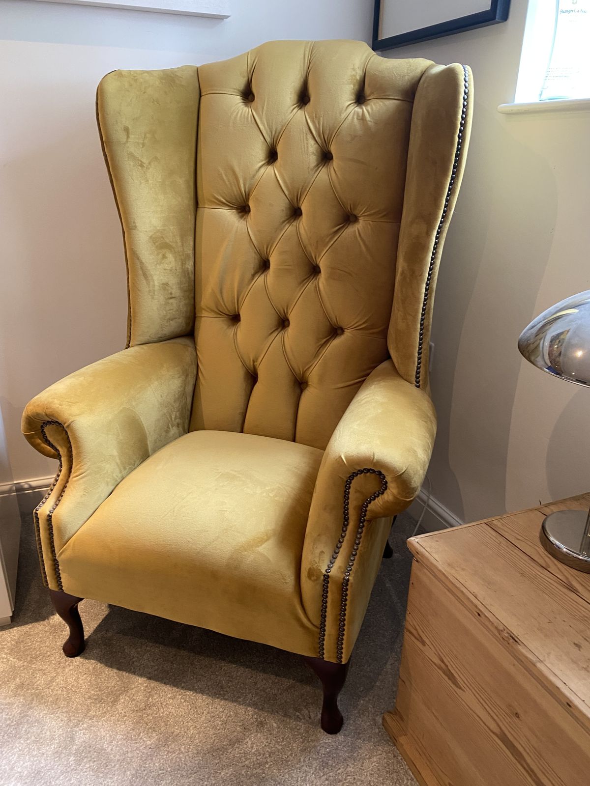 Tall Button Backed Velvet  Chair  Mustard Colour photo furniture