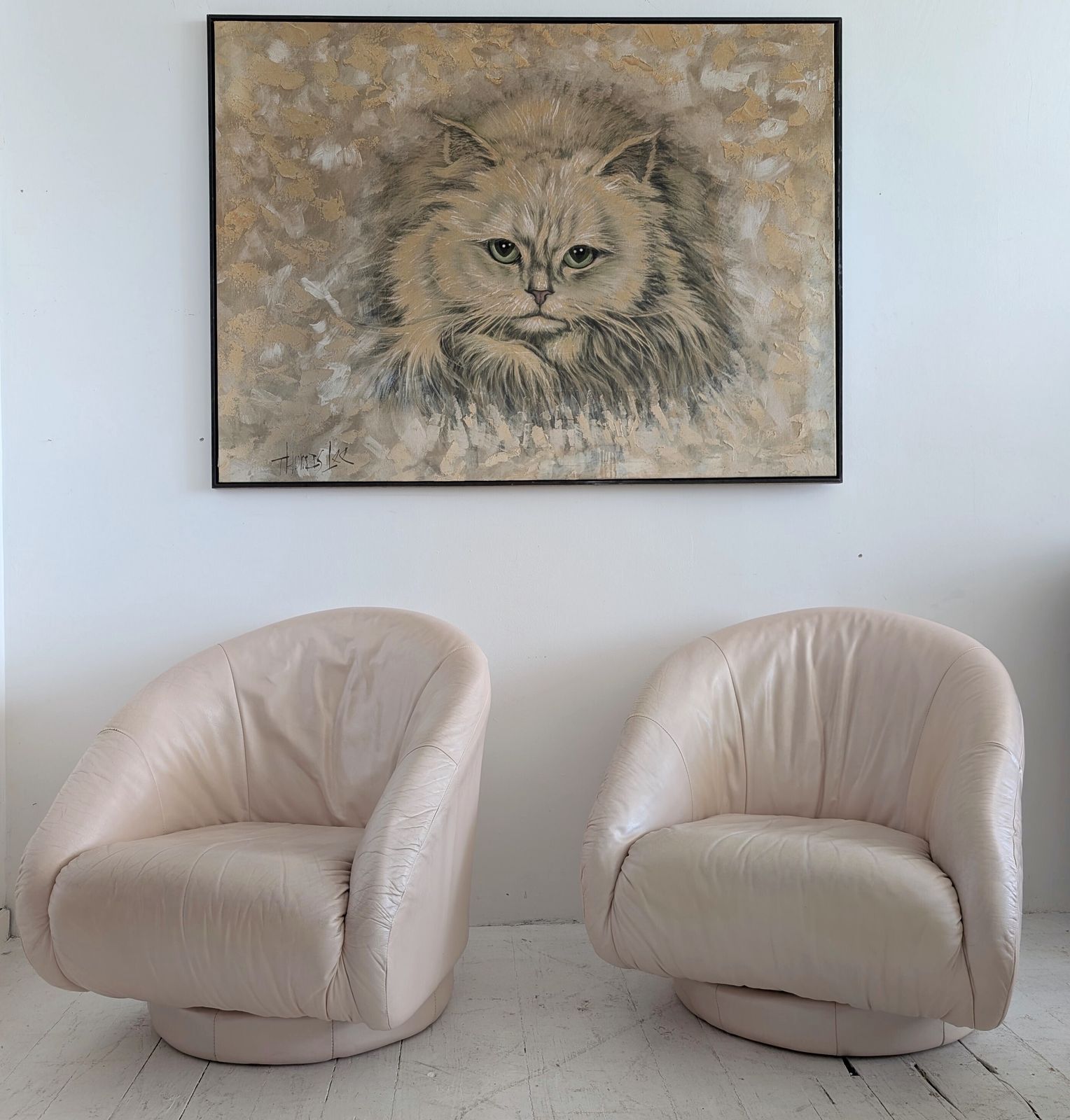 photo furniture Vintage Post Modern Pale Blush Pink Pearlised Leather Swivel Lounge Chair By Natuzzi Italy 1980s  Two Available