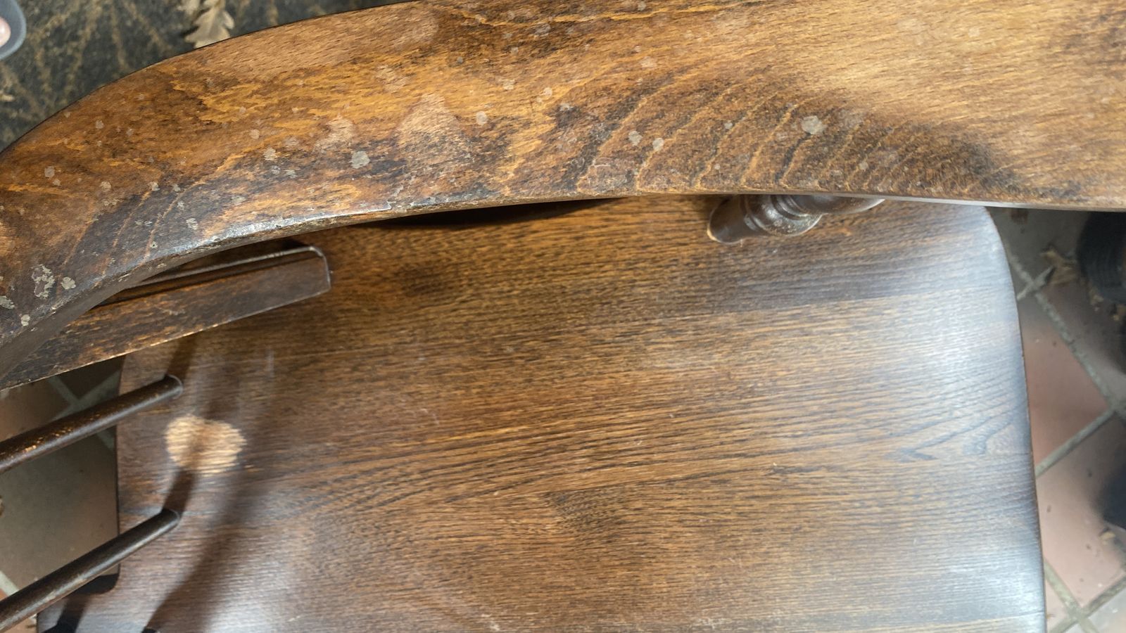 photo furniture Vintage Wheel Back Rocking Chair Oak Wooden Dark Stain Farmhouse Cottage
