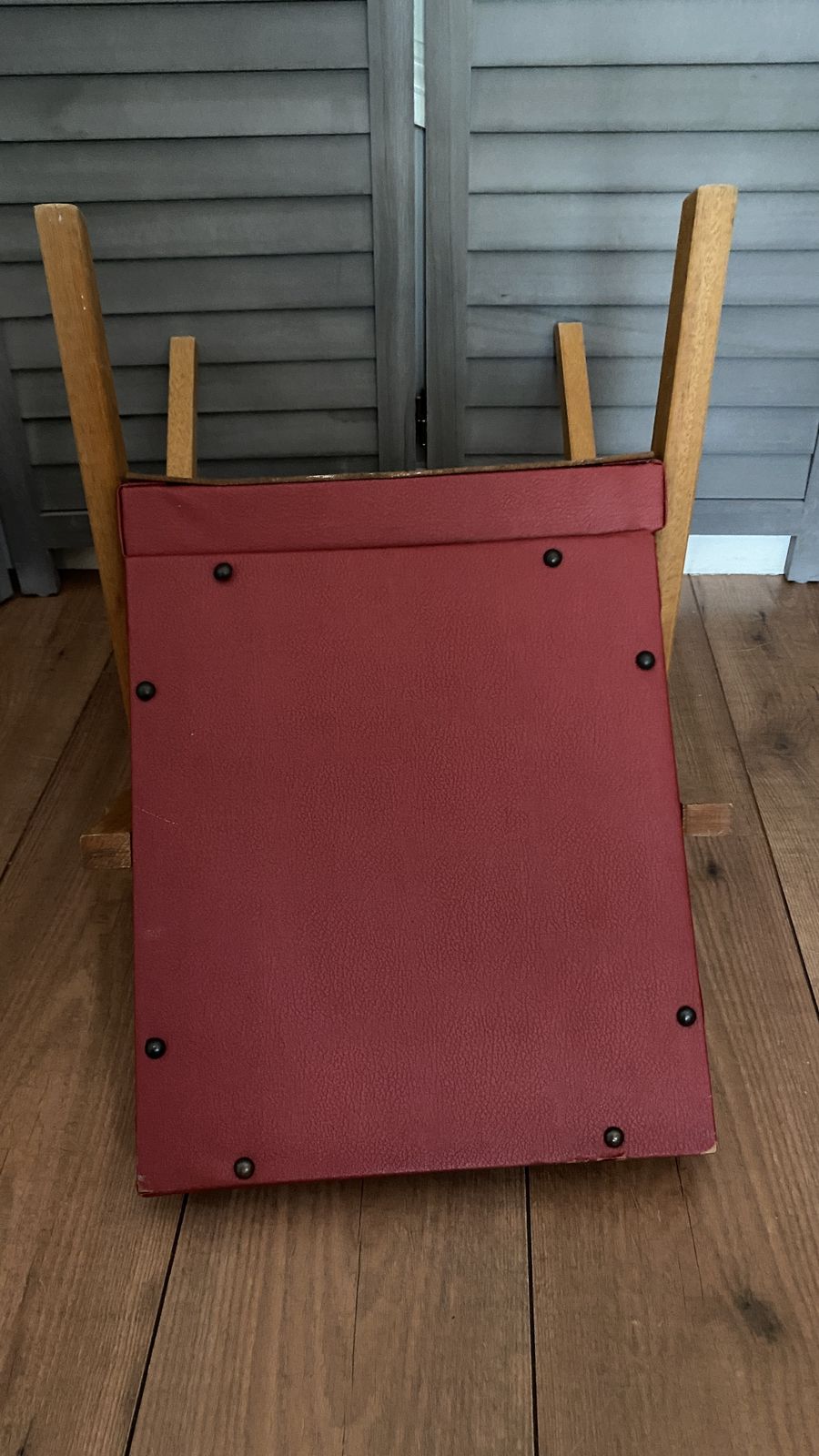 180.0 Vintage Mcm Danish Style Childs Chair Small Wooden Frame Lounge Red Vinyl photo