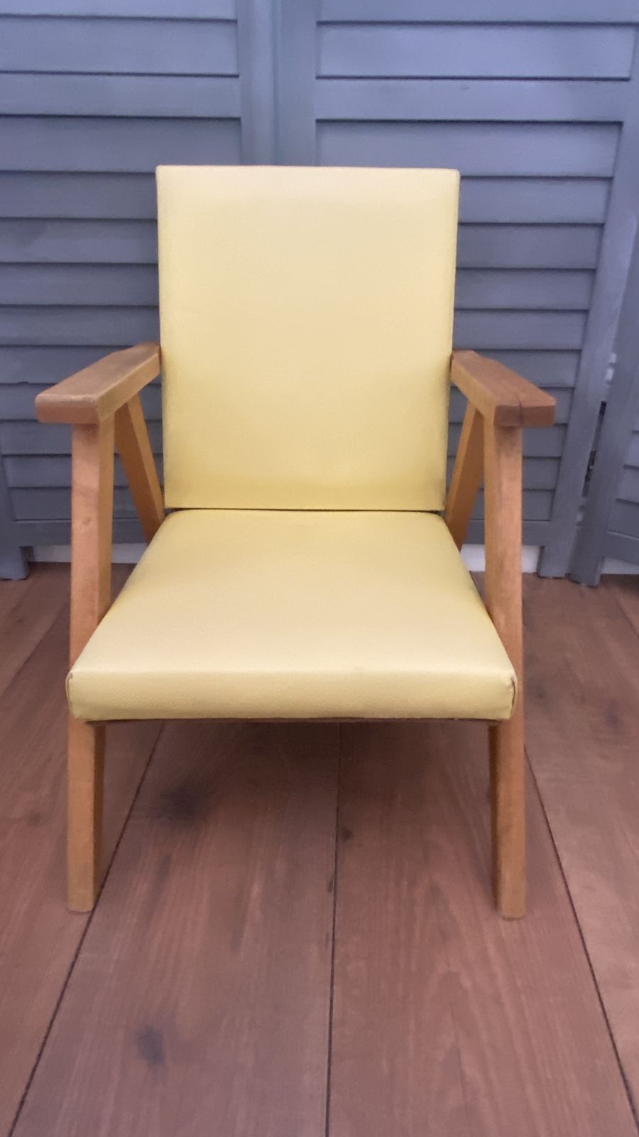 Vintage Mcm Danish Style Childs Chair Small Wooden Frame Yellow Vinyl photo furniture