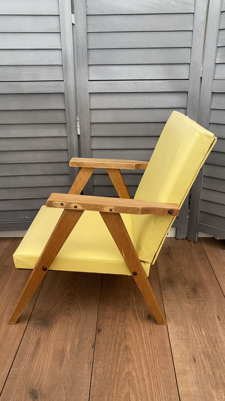 Vintage Mcm Danish Style Childs Chair Small Wooden Frame Yellow Vinyl photo vintage